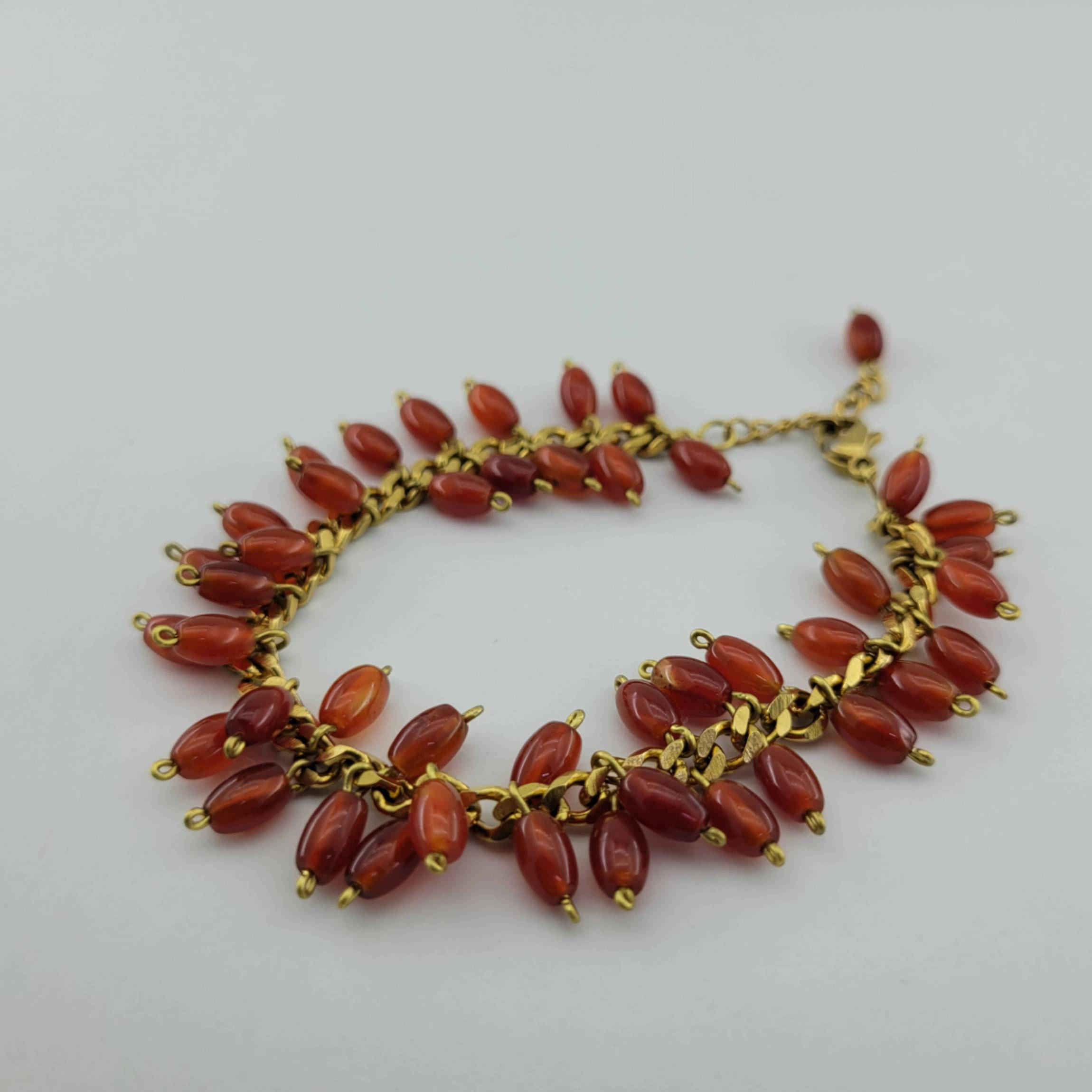 Women’s Brown‑Red Carnelian Bracelet on Gold‑Tone Chain — Adjustable with Lobster Clasp