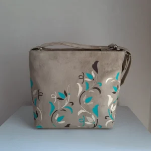 Women’s Fabric Shoulder Bag Featuring Floral Hand-Painted Details with Two Internal Pockets, Cream Color