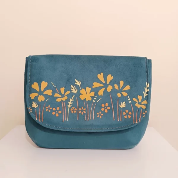 Women’s Fabric Shoulder Bag with Hand-Painted Minimal Yellow Flowers Design & Two Internal Pockets, Blue Color