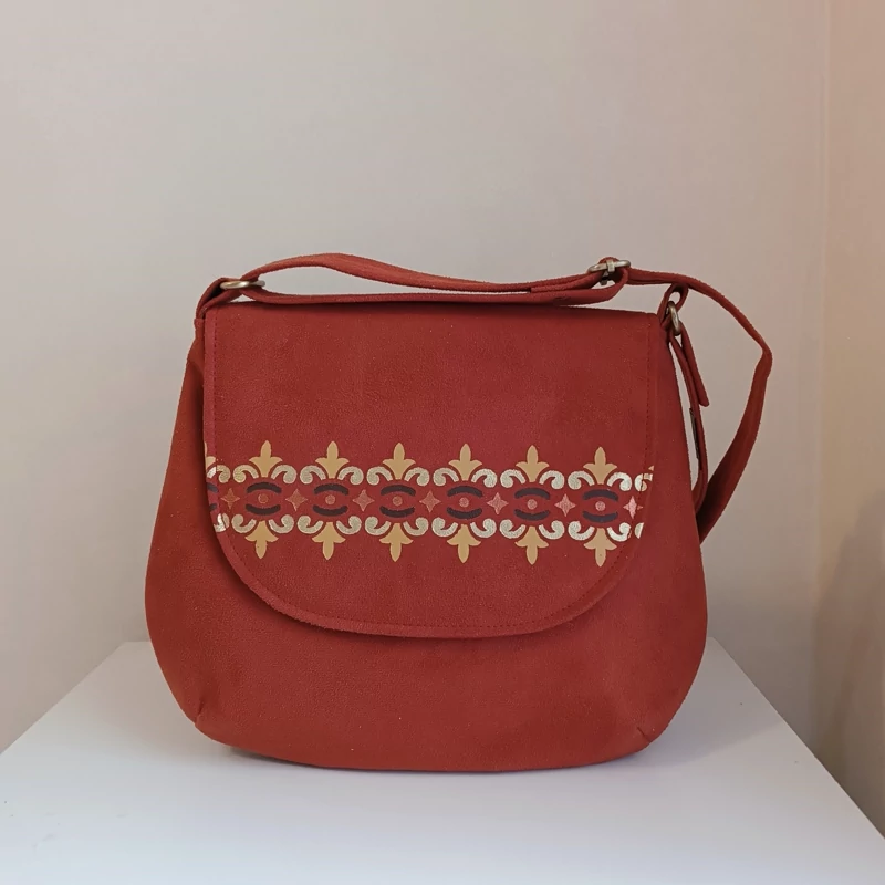 Hand-Painted Fabric Shoulder Bag with Eslimi Design – Lightweight, Adjustable Strap & Two Internal Pockets, Orange Color