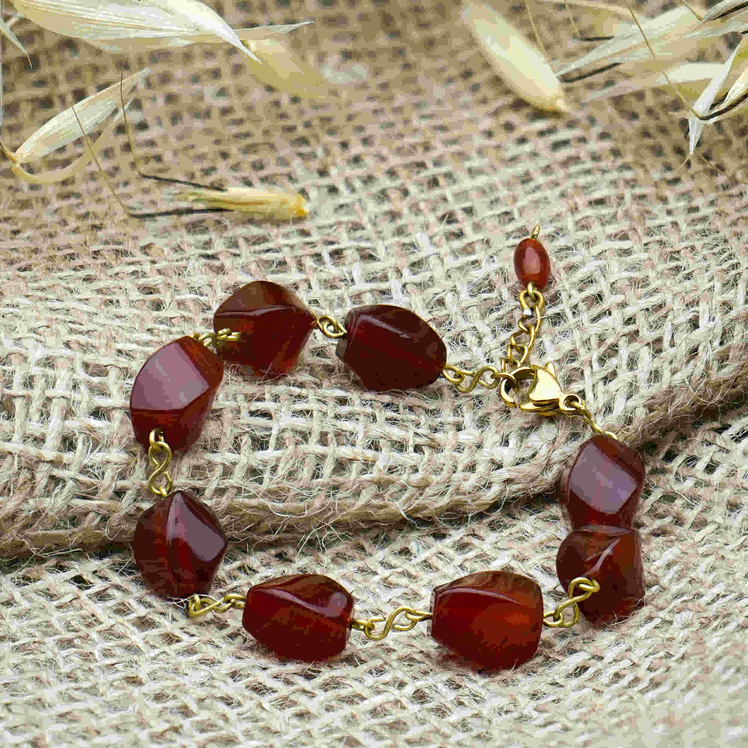 Women’s Red Agate Bracelet on Stainless Steel Chain — Adjustable Length with Steel Clasp