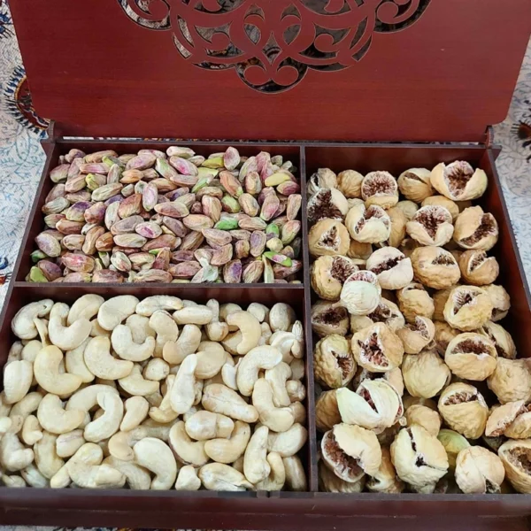 Wooden Nut Gift Box with Pistachios, Figs, and Cashews – Perfect for Special Celebrations and Treating Guests