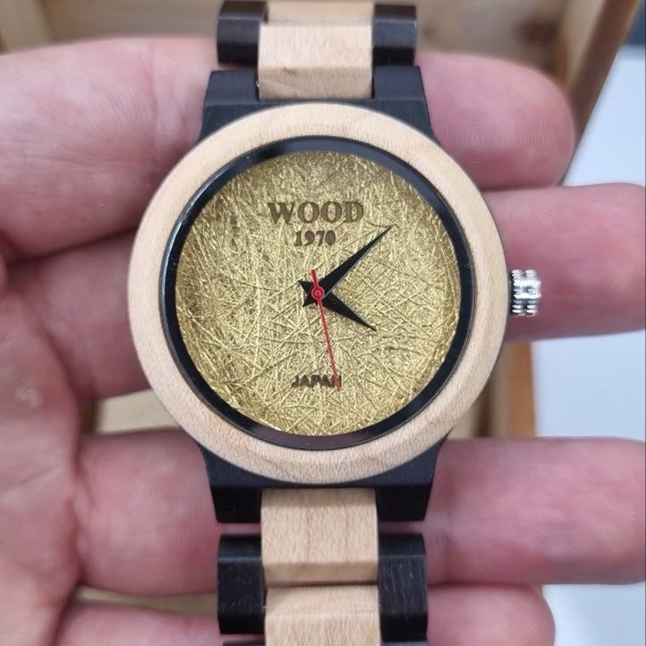 Textured Gold Dial Wooden Wristwatch with Two-Tone Wood Band | WOOD 1970 | 36mm Quartz