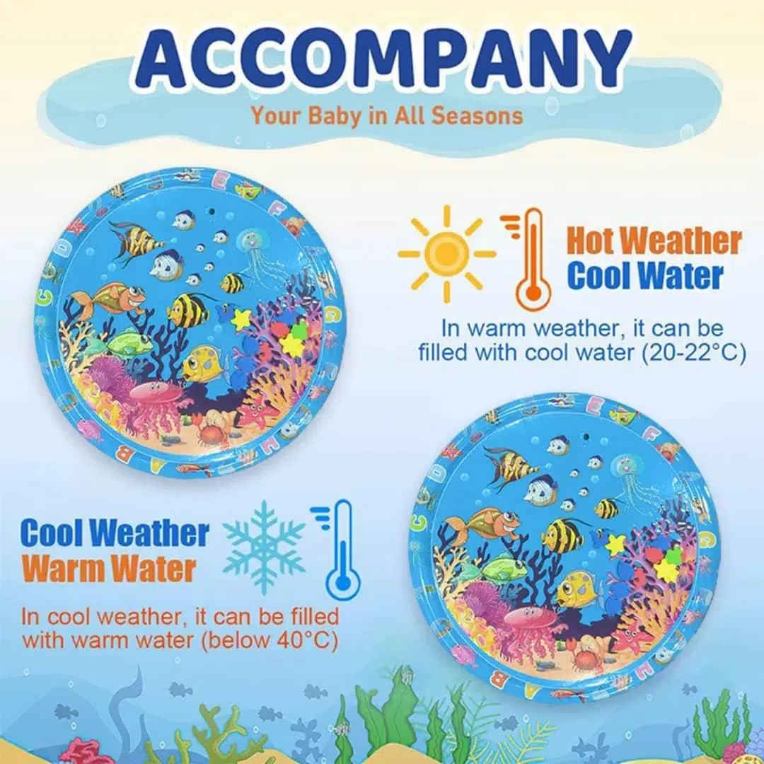 Inflatable Round Baby Aquarium Water Play Mat – Jellyfish & Coral Reef Ocean Theme – Sensory Tummy Time Pad with Floating Shapes