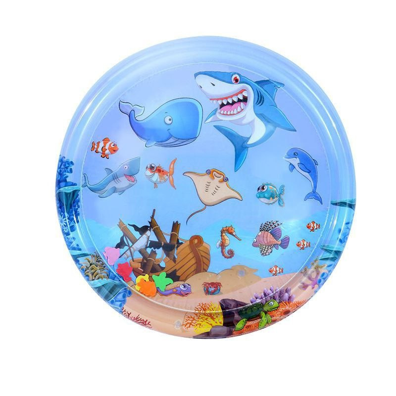 Inflatable Round Baby Aquarium Water Play Mat – Smiling Cartoon Shark Ocean Sensory Tummy Time Pad with Floating Shapes