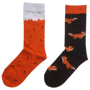 Black & Orange Fancy Mismatch Socks with Fox Pattern in Crew‑Length Novelty for Adults