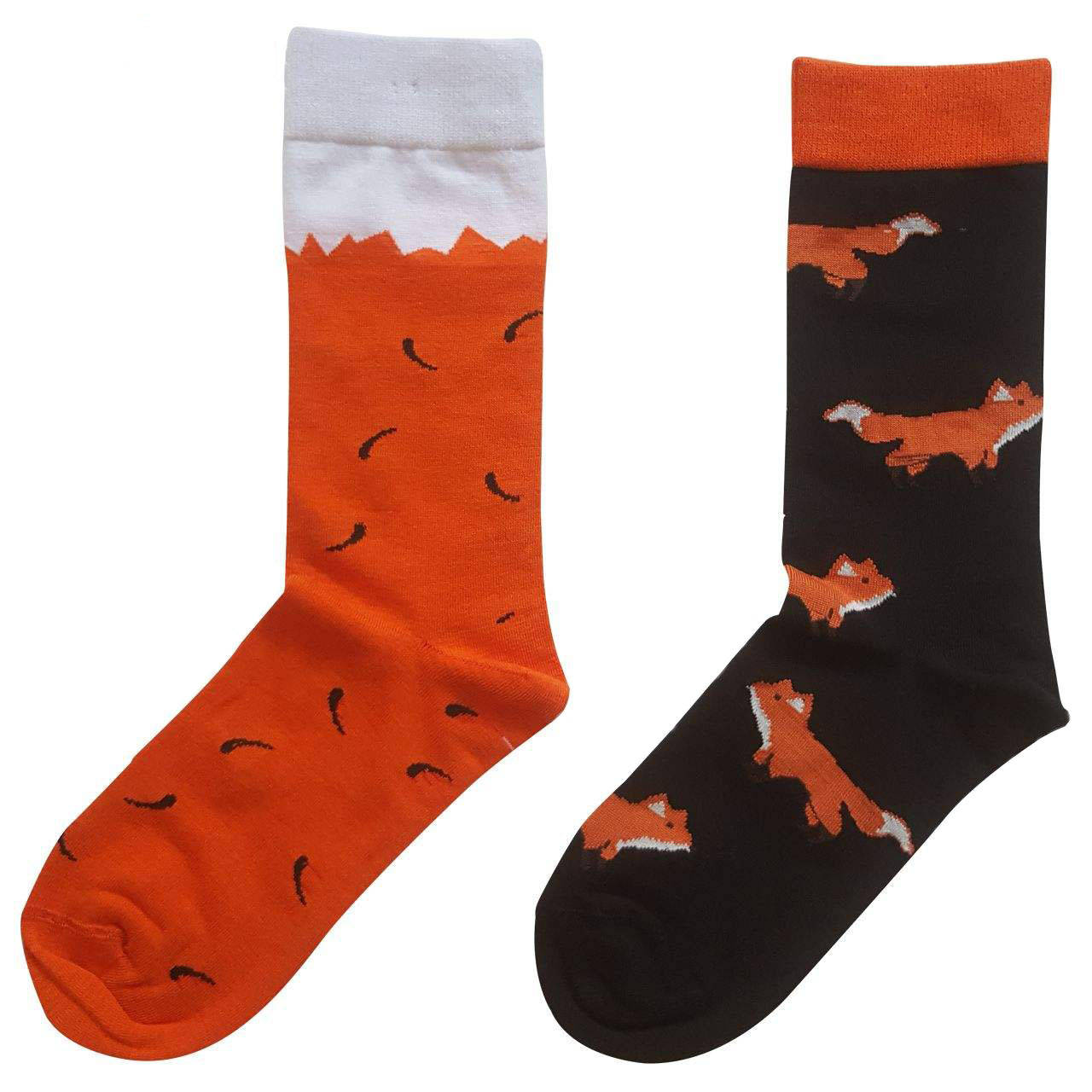 Black & Orange Fancy Mismatch Socks with Fox Pattern in Crew‑Length Novelty for Adults