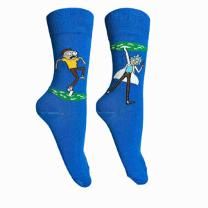 Blue Fancy Mismatch Socks with Rick & Morty Pattern in Crew‑Length Novelty for Adults