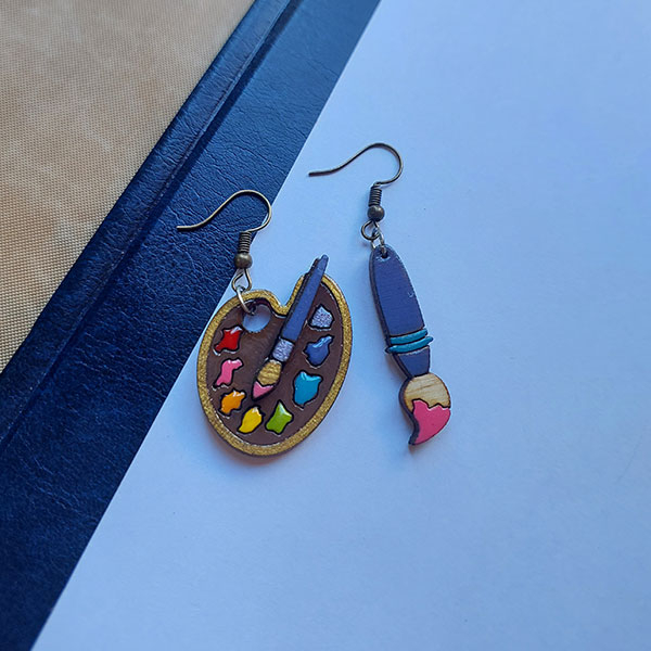 Handmade Wooden Asymmetric Earrings in Paint Palette & Brush Design – Artistic Colorful Dangle Pair