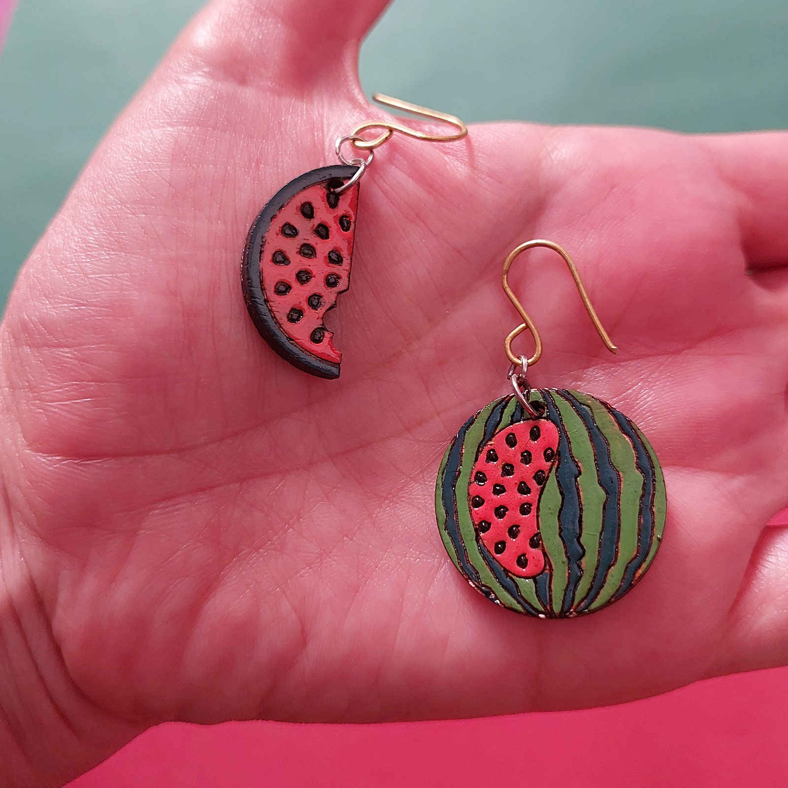 Handmade Wooden Watermelon Earrings – Asymmetric Fruit‑Theme Dangle Pair