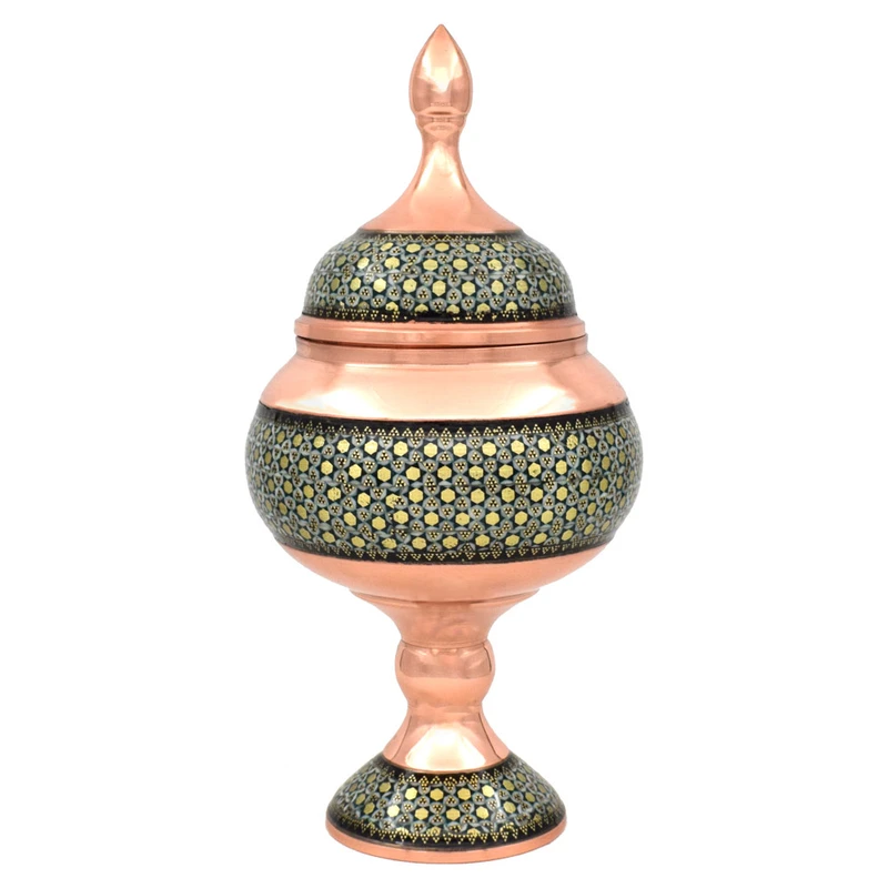3-Piece Khatamkari Copper Vase and Candy Dish Set with Velvet Gift Box