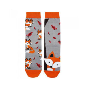 Gray Fancy Mismatch Socks with Fox & Autumn‑Leaves Pattern in Low‑Cut Ankle Novelty for Adults