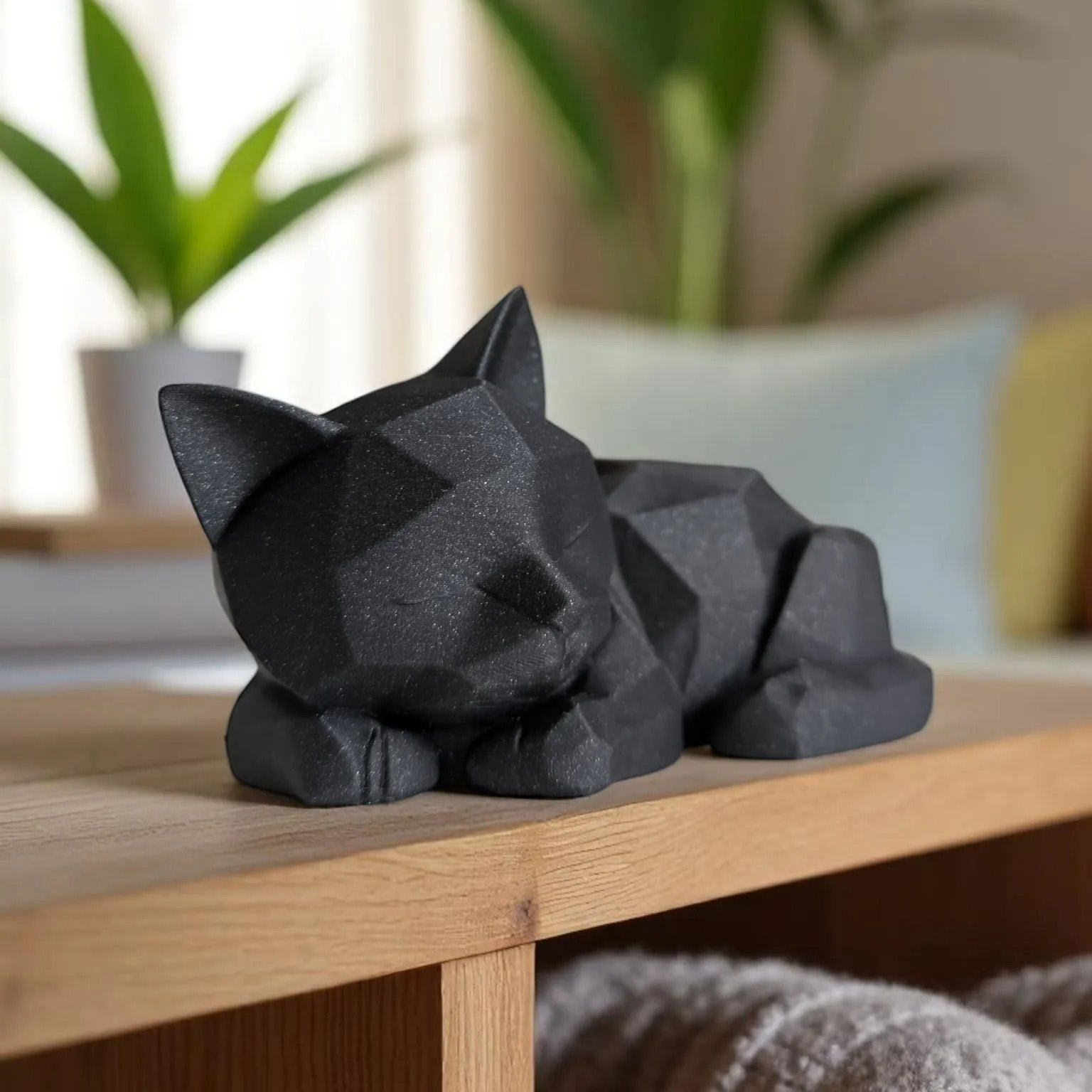 Geometric Sleeping Cat Figurine – Modern Black Polyester Decorative Sculpture in Minimalist Abstract Style