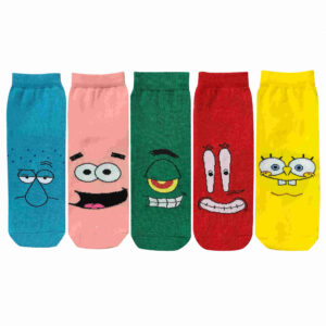 5‑Pair Ankle‑Length Fancy Socks with SpongeBob Character Faces in Colorful Design for Adults