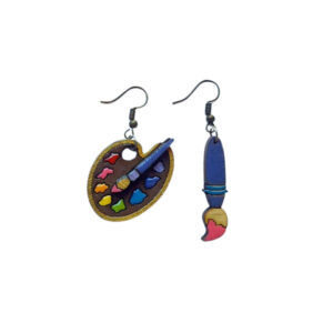 Handmade Wooden Asymmetric Earrings in Paint Palette & Brush Design – Artistic Colorful Dangle Pair