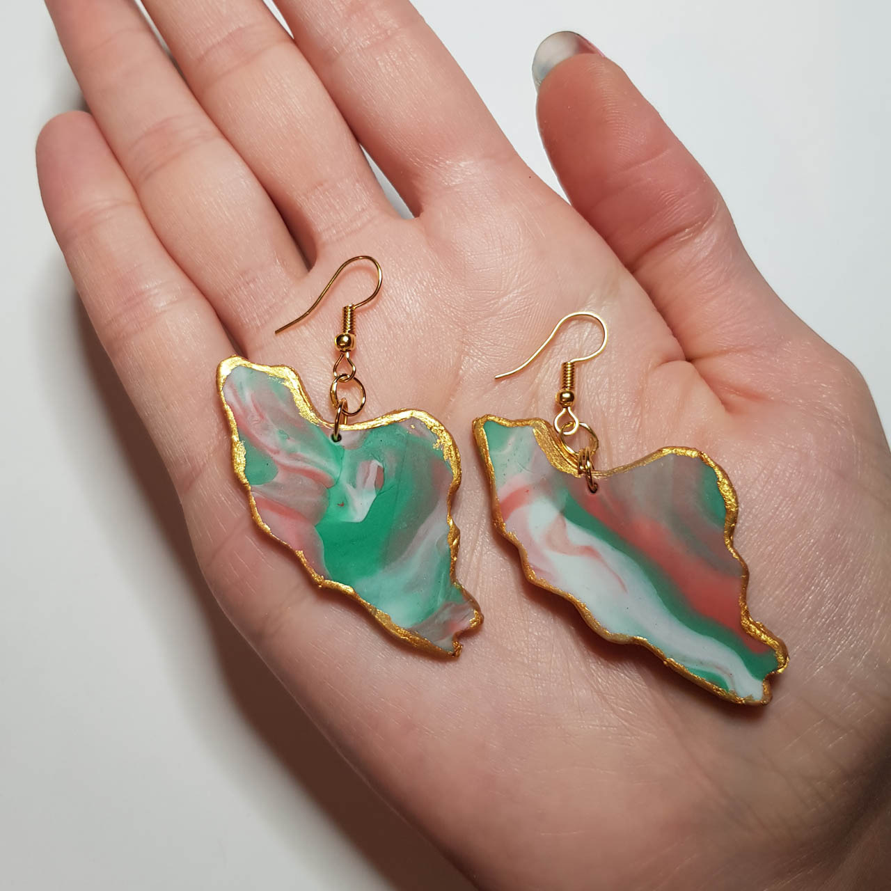 Handcrafted Iran Map in Flag Colors Earrings – Polymer Clay & Resin – Colorful Artistic Dangle Pair