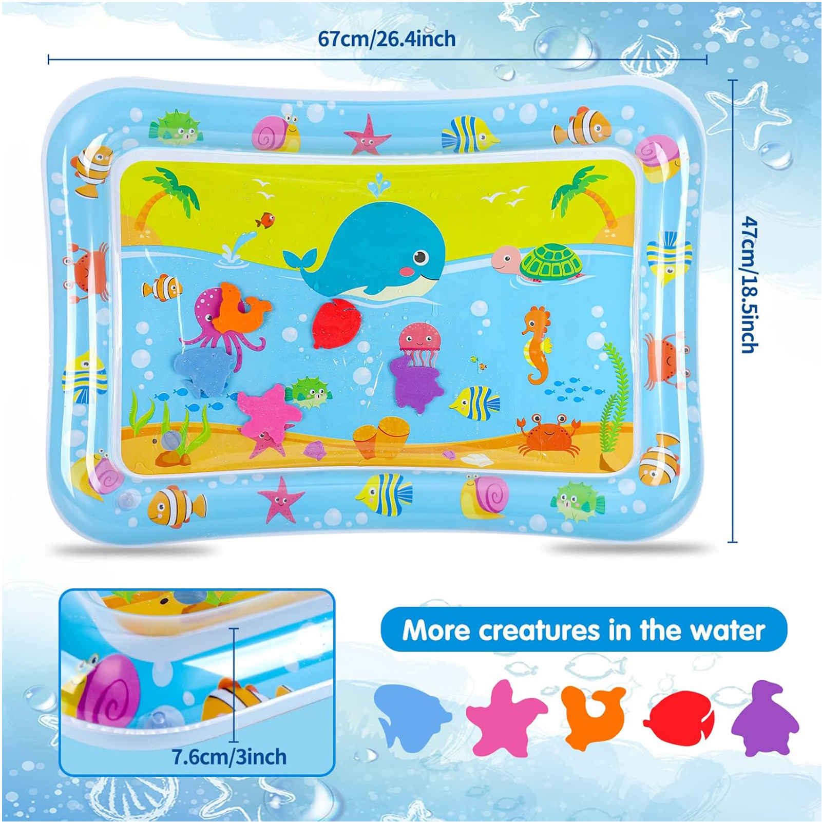 Inflatable Baby Aquarium Water Play Mat – Smiling Whale & Sea Turtle Ocean Sensory Tummy Time Pad with Floating Shapes