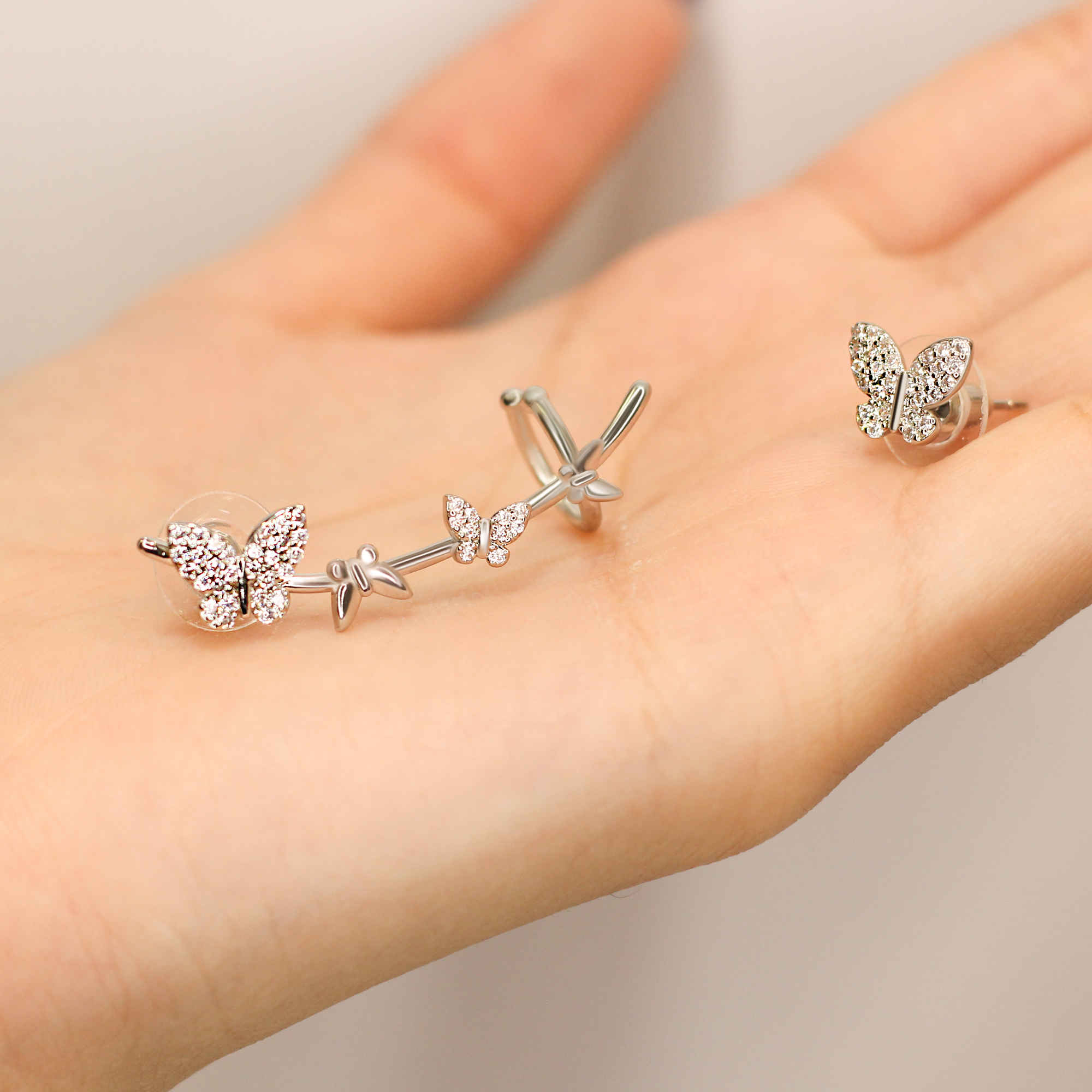 Stainless Steel Butterfly Stud & Ear Cuff Set – Asymmetric Silver Earrings
