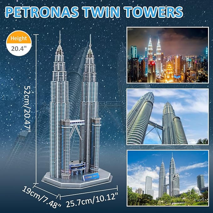 Durable 3D Colored Metal Puzzle Construction Kit – Petronas Towers Model (Build-It-Yourself Assembly Puzzle)