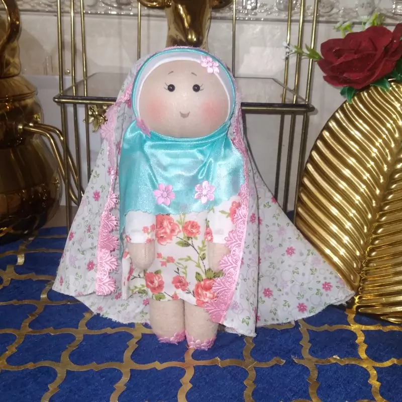 Islamic Salah Doll for Girls | Fabric Taklif Toy Set with Fixed Floral Hijab & Prayer Mat