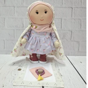 Islamic Standing Praying Doll | Cloth Fabric Toy with Fixed Colorful Floral Dress, Hijab, Prayer Veil & Mat