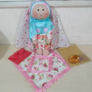 Islamic Salah Doll for Girls | Fabric Taklif Toy Set with Fixed Floral Hijab & Prayer Mat