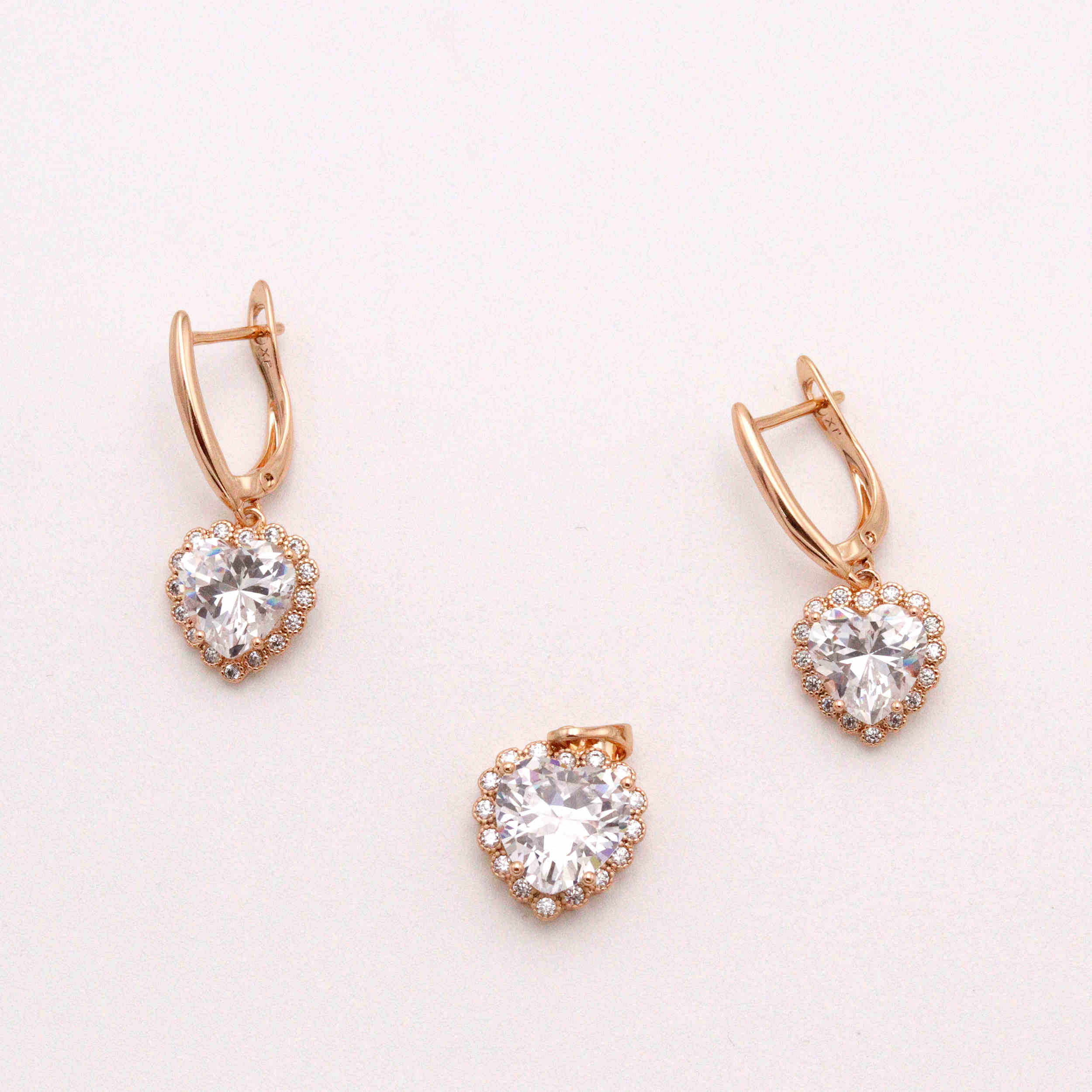 Half‑Set of Earrings & Pendant Necklace with Crystal Heart Design in Gold‑Tone Steel