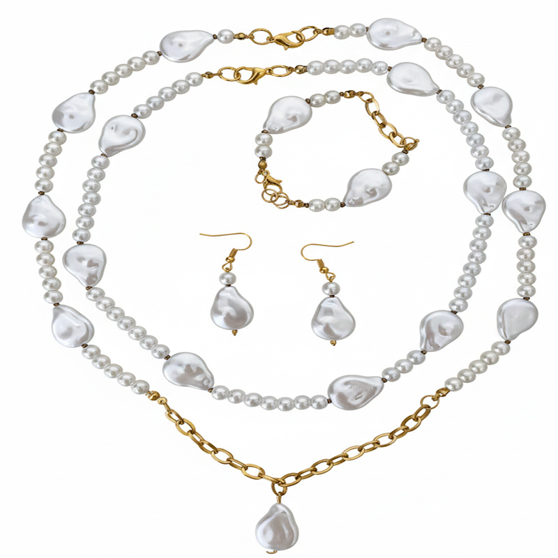 Half‑Set of Pearl Necklace, Bracelet & Earrings with Steel in Gold‑Tone Accents