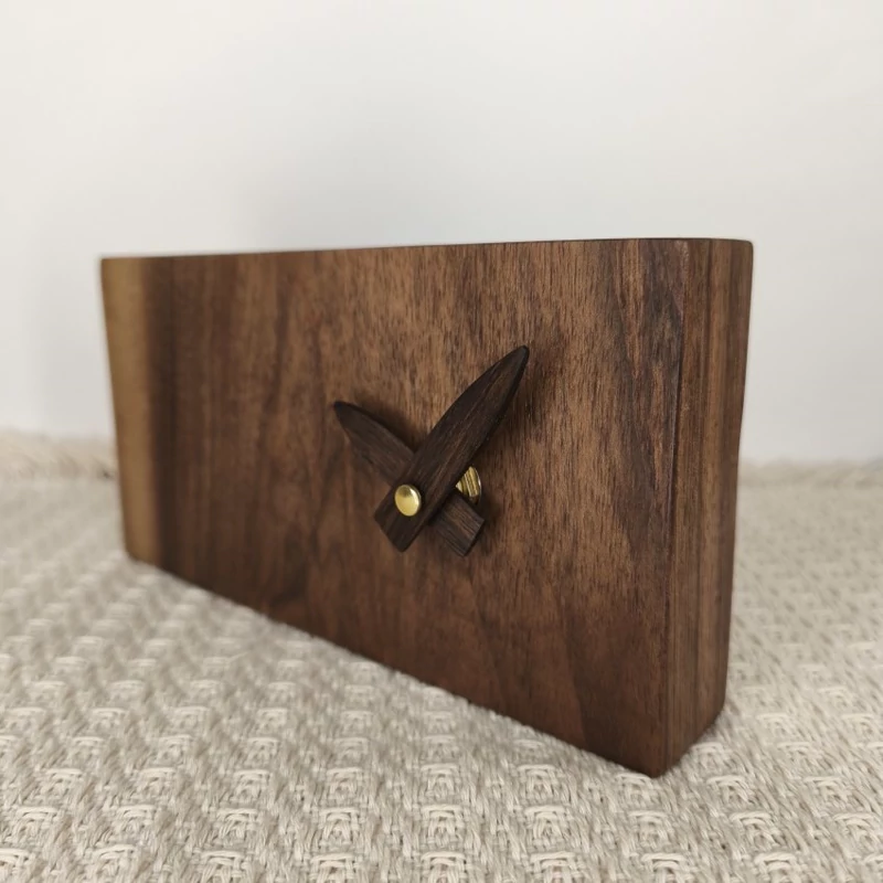 Handcrafted Walnut Desk Clock with Wooden Hands – Rectangular Silent Timepiece