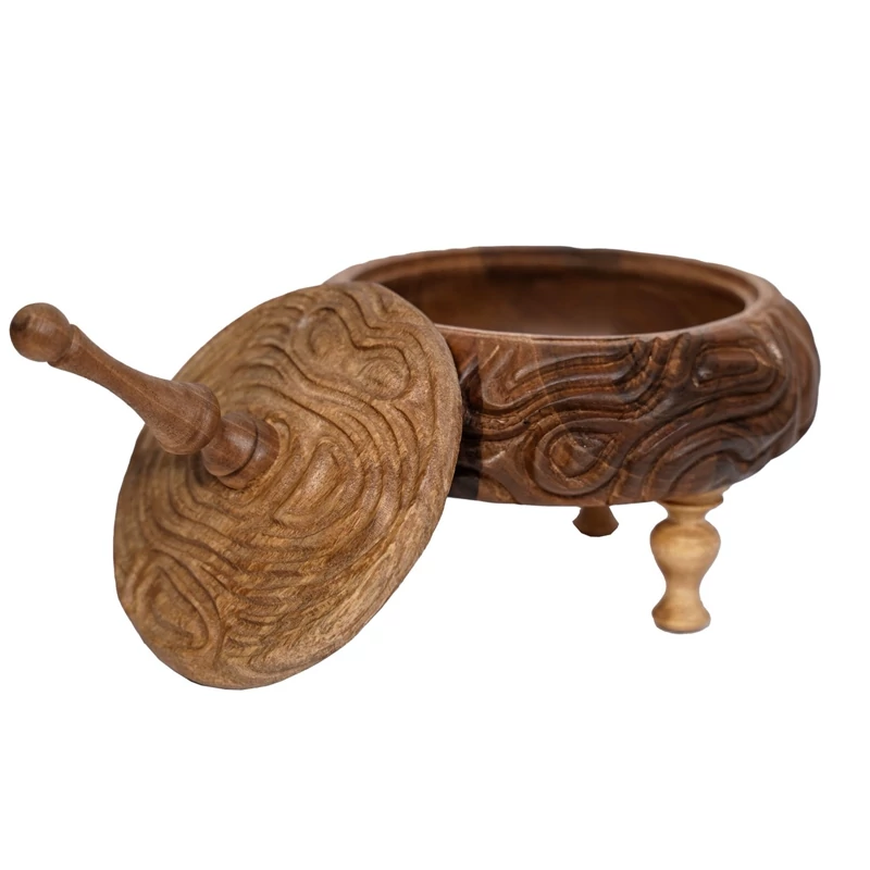 Handcrafted Walnut Wood Sugar Bowl with Hand-Carved Wavy Design – Natural & for Perfect for Sugar & Sweets