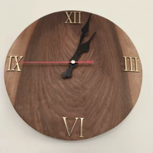 Handcrafted Walnut Wood Wall Clock – Round Silent Wooden Timepiece with Greek Numerals