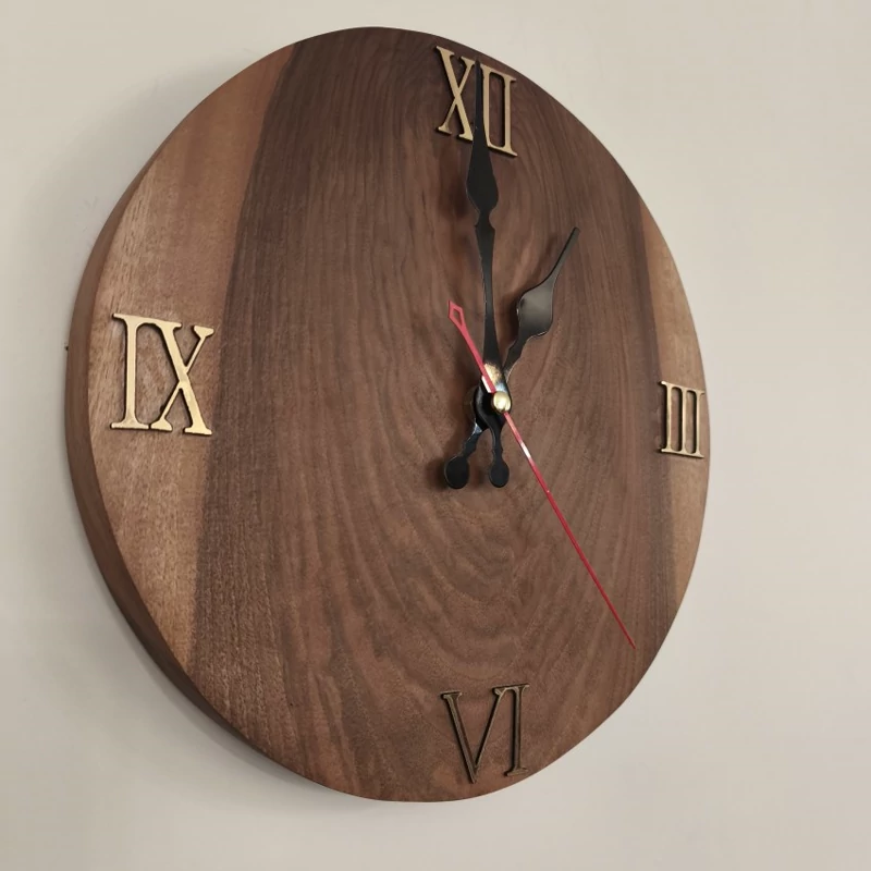 Handcrafted Walnut Wood Wall Clock – Round Silent Wooden Timepiece with Greek Numerals