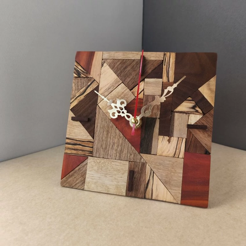 Handcrafted Wooden Desk Clock with Mixed Inlays – Square Silent Clock Made from Walnut, Jujube & Cherry