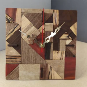 Handcrafted Wooden Desk Clock with Mixed Inlays – Square Silent Clock Made from Walnut, Jujube & Cherry