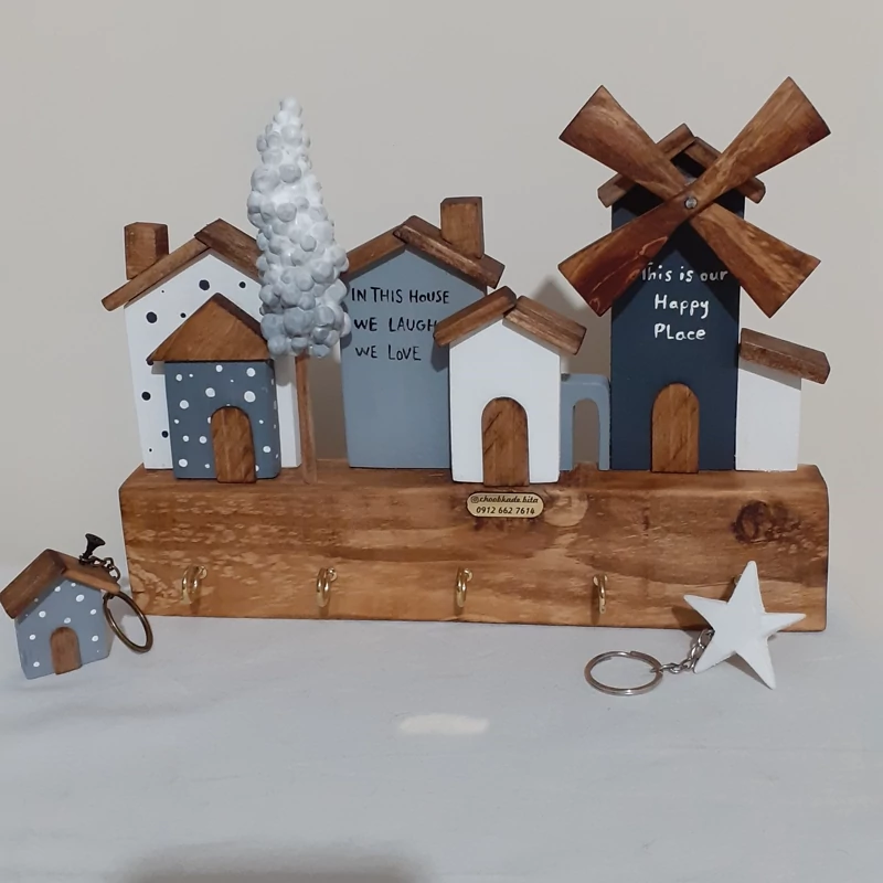 Handcrafted Wooden Wall Key Holder with Decorative Village Houses and Windmill Design, Rustic Home Entry Organizer