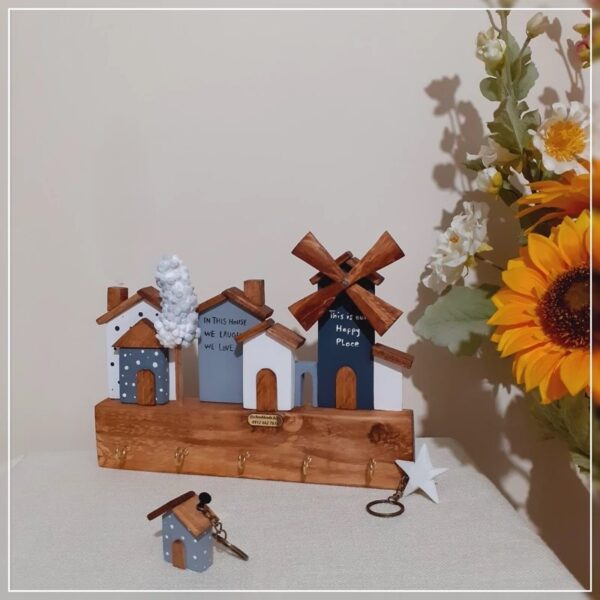 Handcrafted-Wooden-Wall-Key-Holder-with-Decorative-Village-Houses-and-Windmill-Design-Rustic-Home-Entry-Organizer