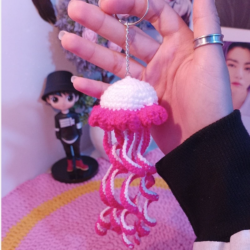 Handmade Crochet Pink Jellyfish Keychain – Accessory for Bags, Keys, Gifts, and Car Hangings