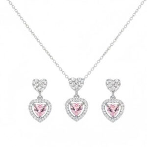 Half‑Set of Steel Bracelet & Earrings in Heart‑Shaped with Sparkling Pink Crystal | Eternal Love