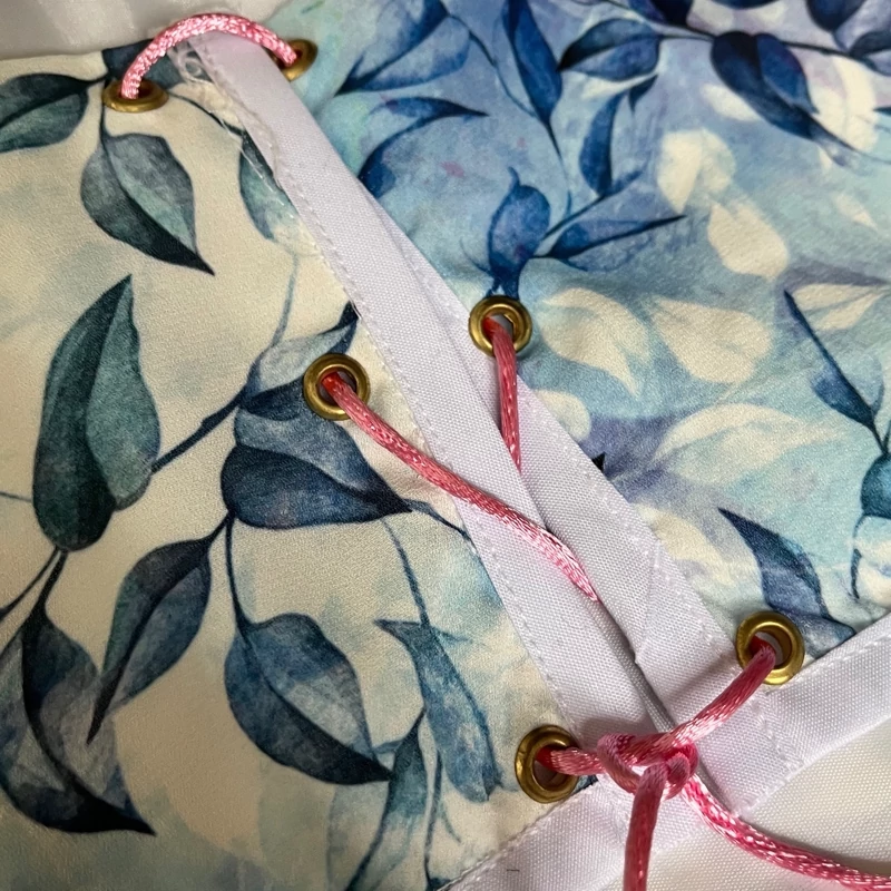 Blue Women’s Crop Corset – Leaf Pattern Design with Decorative Bow and Adjustable Back Tie