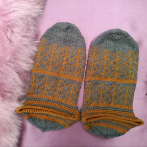 Hand-Knitted Gray and Yellow Wool Socks for Women – Warm, Durable, Hand-Knitted with Authentic Traditional Patterns for Winter
