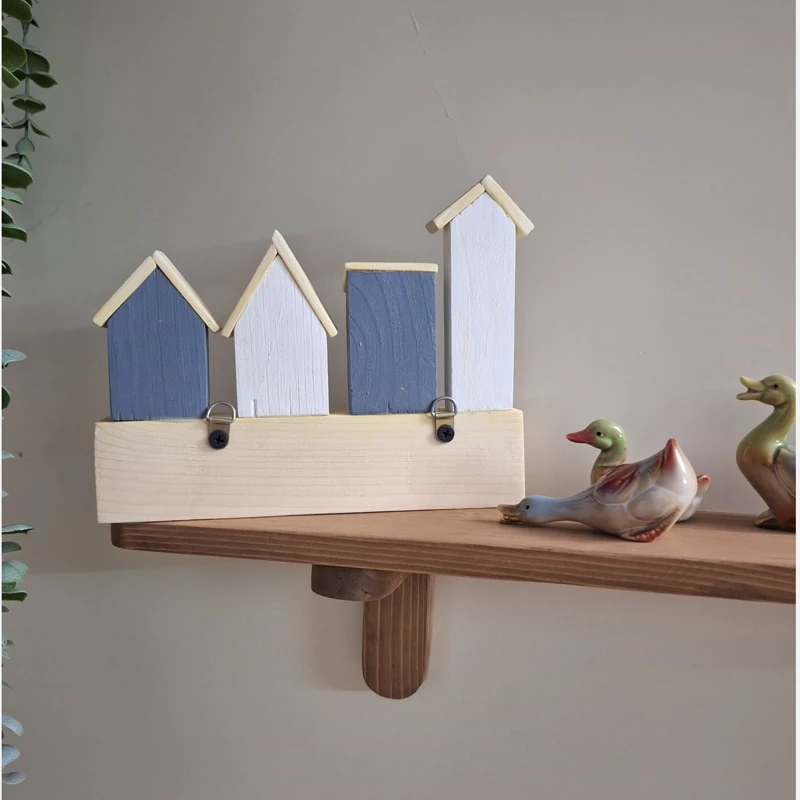 Handcrafted Wooden Wall Key Holder in Cream and Gray Tones, Compact Rustic Organizer with Four Hooks