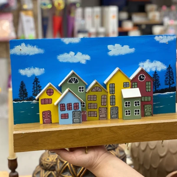 Handcrafted Wooden Wall Key Holder with Colorful House Design, Artistic Home Organizer
