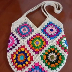 Handmade Crochet Floral Granny Square Shoulder Bag – Colorful Motif Design with Comfortable Straps