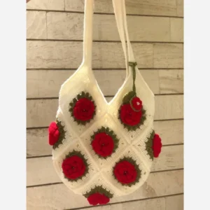 Handmade Crochet Floral Motif Shoulder Bag – Red Rose Design with Pearl Accents, Comfortable Straps and Lined Interior