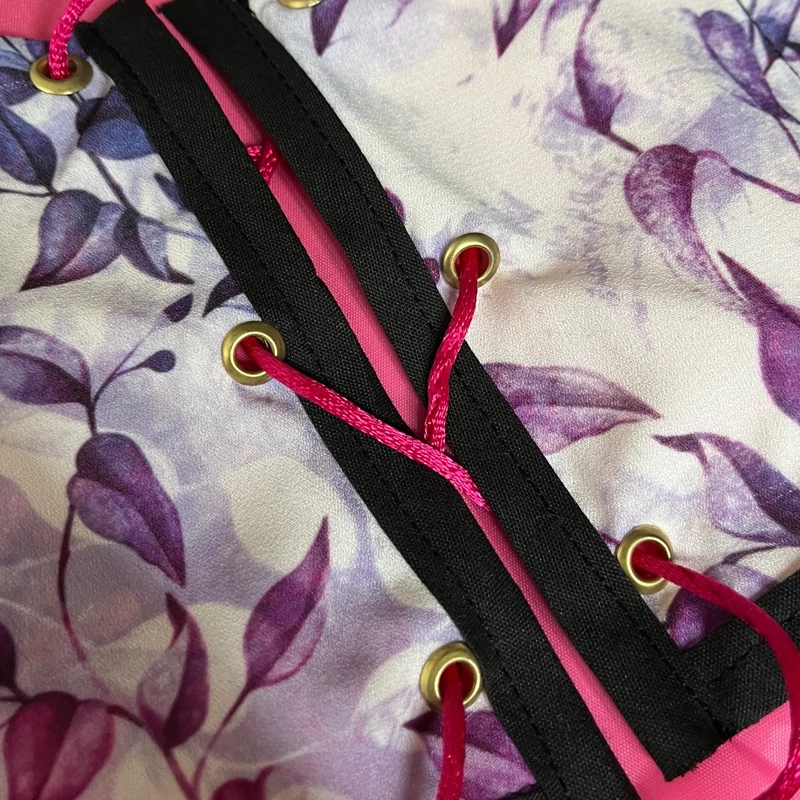 Purple Women’s Crop Corset – Crepe Chiffon Fabric with Lining, Adjustable Back Tie, Leaf Motif