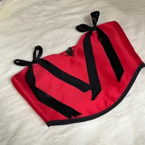 Red Women’s Satin Crop Corset – Black Bow Accent, Simple Elegant Design with Lining, Adjustable Back Tie