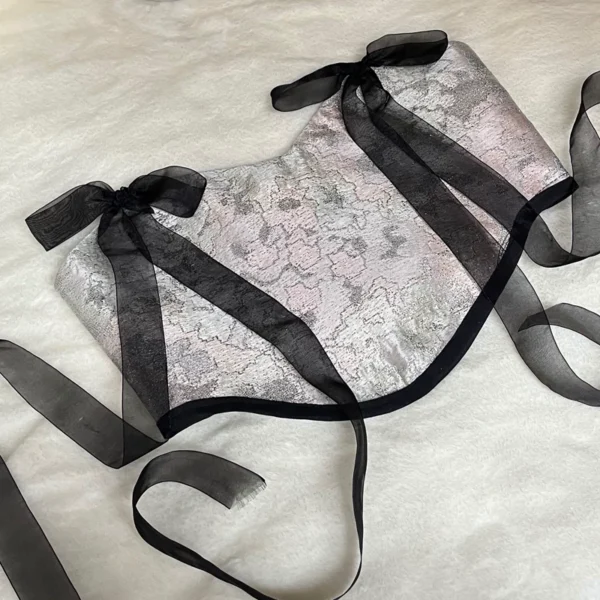 Silver-Womens-Jacquard-Crop-Corset-–-Black-Bow-Accent-Elegant-Design-with-Lining-Adjustable-Back-Tie