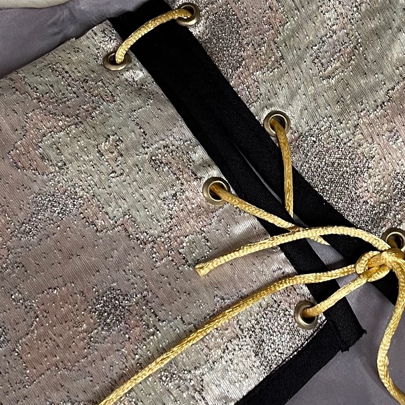 Silver Women’s Jacquard Crop Corset – Black Bow Accent, Elegant Design with Lining, Adjustable Back Tie