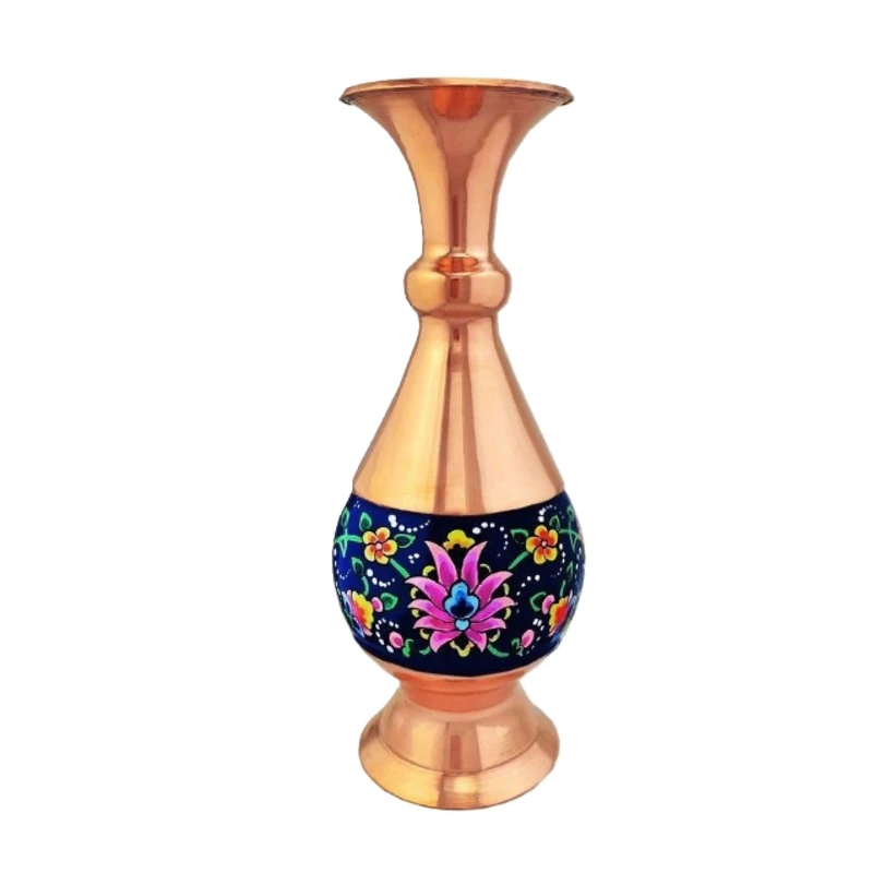 Handcrafted Persian Copper Vase with Traditional Hand-Painted Floral Design, Polished Copper Sheet Body with Wooden Gift Box